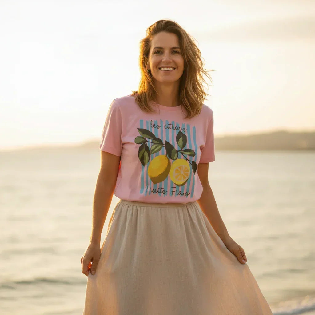 t-shirt femme rose motif citron coton tendance été cadeau original GoHappy France
