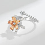 Bagues Spinner Rotatives Fleur Abeille en Cristal Argent Ajustables