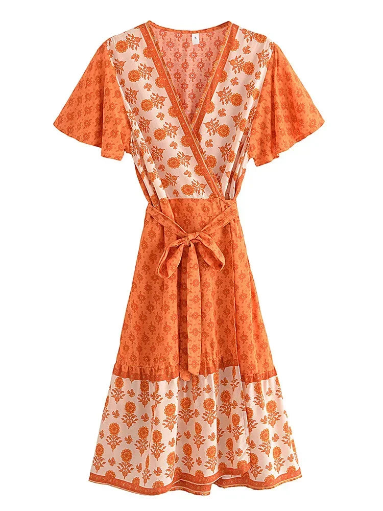 Robe courte bohème imprimée été, manches papillon femme