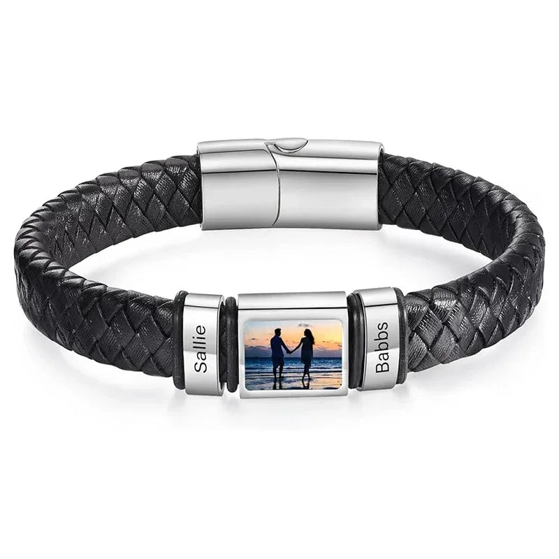 Bracelet en Cuir Homme Personnalisé Photo Famille Prénoms Gravés - bracelet prénoms homme GoHappy