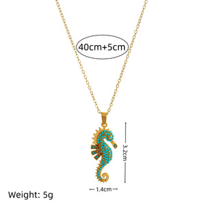 collier hippocampe doré turquoise 40cm+5cm bijou femme tendance GoHappy.fr