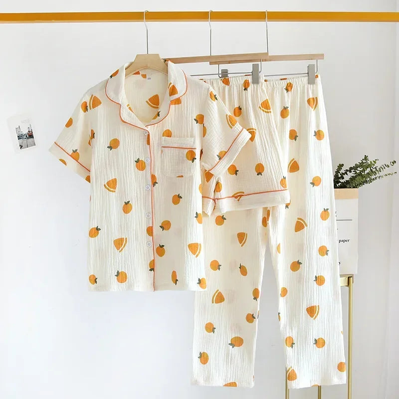 Ensemble Pyjama Femme Coton Crêpe Fleuri 2-3 Pièces Manches Courtes - pyjama femme GoHappy