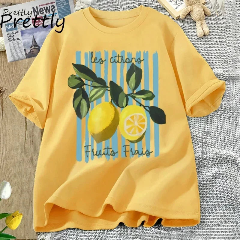t-shirt jaune imprimé citron femme été coton décontracté tendance GoHappy France