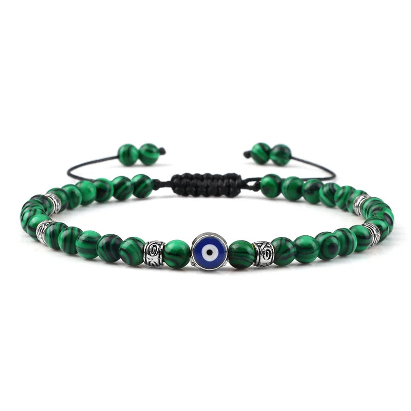 Bracelet Nazar Vert Forêt argenté, perles fines et motif œil bleu | GoHappy France