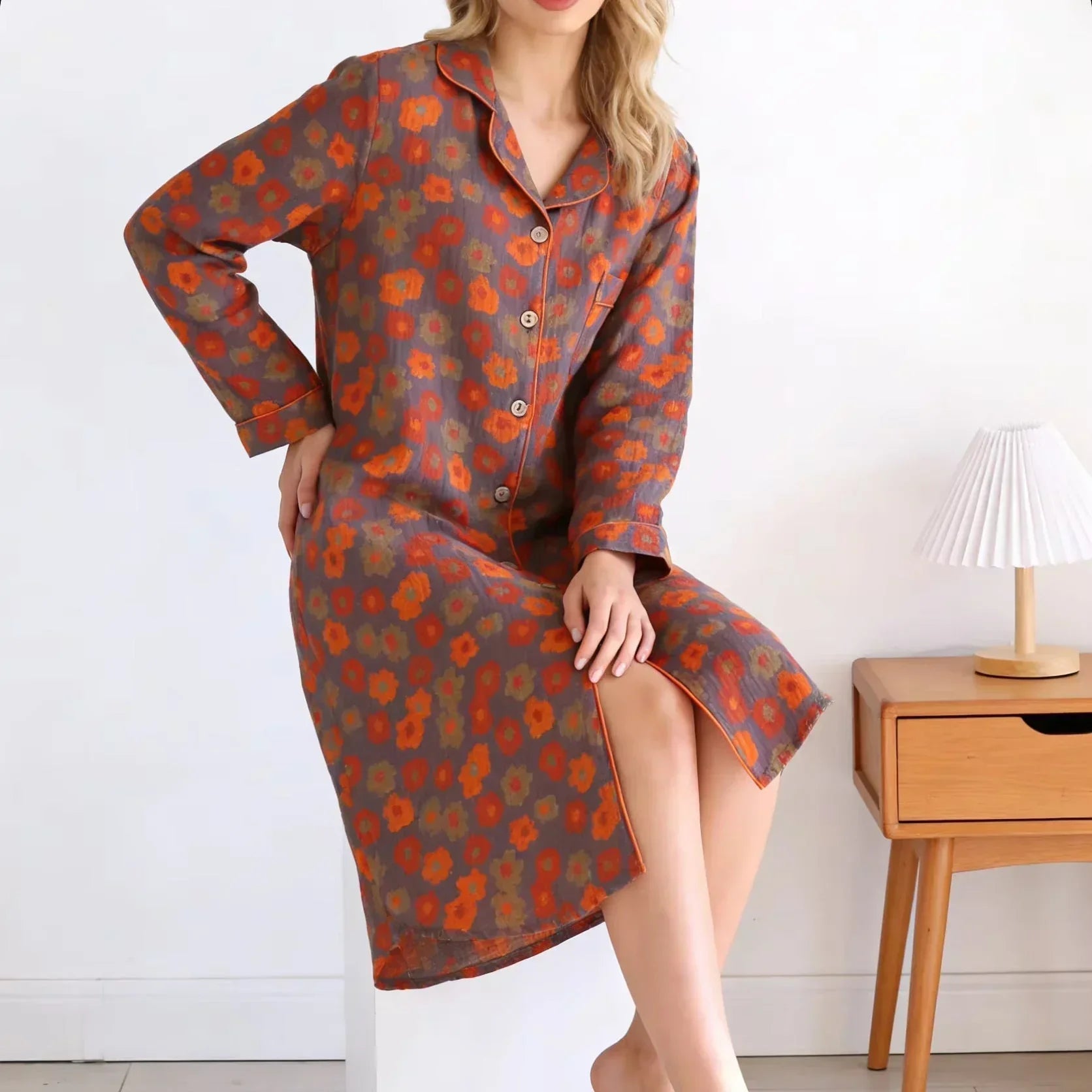 Chemise de Nuit Femme 100% Coton Floral Rétro Manches Longues - chemise de nuit GoHappy