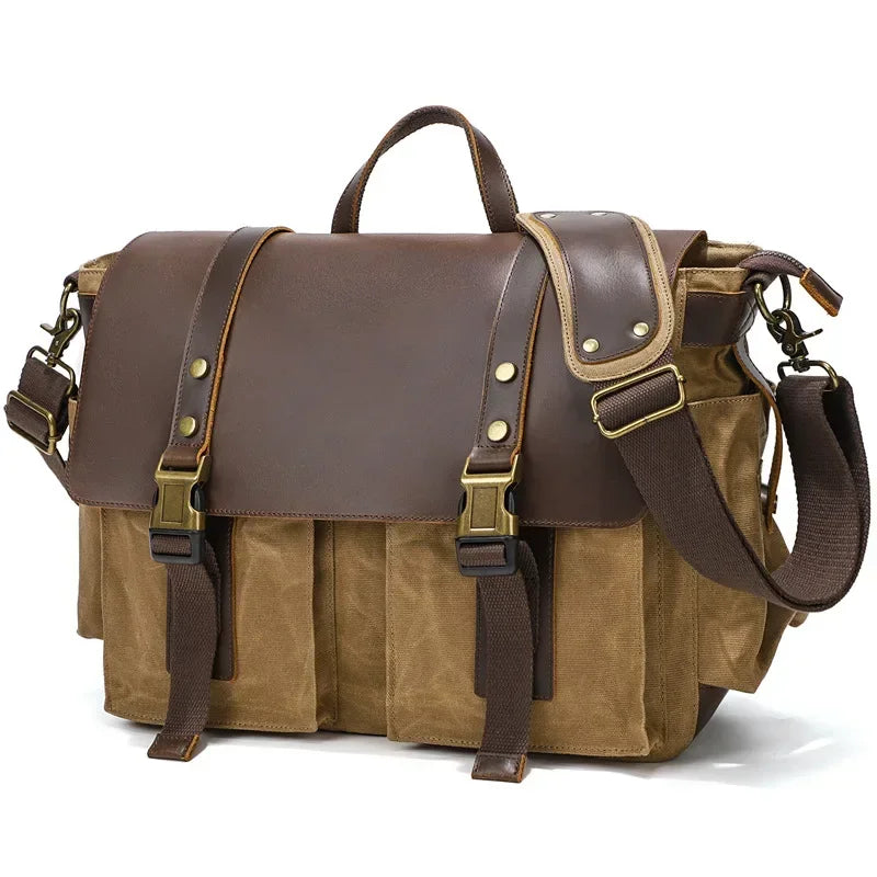 sac bandoulière vintage en cuir marron et toile beige style sacoche voyage GoHappy.fr