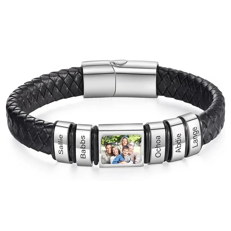Bracelet en Cuir Homme Personnalisé Photo Famille Prénoms Gravés - bracelet prénoms homme GoHappy