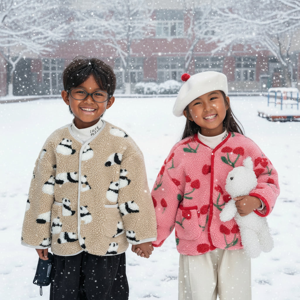 Manteau Enfant Laine Agneau Motifs Fleurs Épais Doublé Velours Hiver