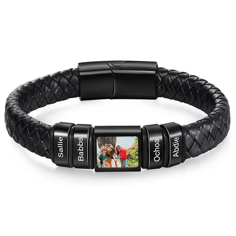 Bracelet en Cuir Homme Personnalisé Photo Famille Prénoms Gravés - bracelet prénoms homme GoHappy