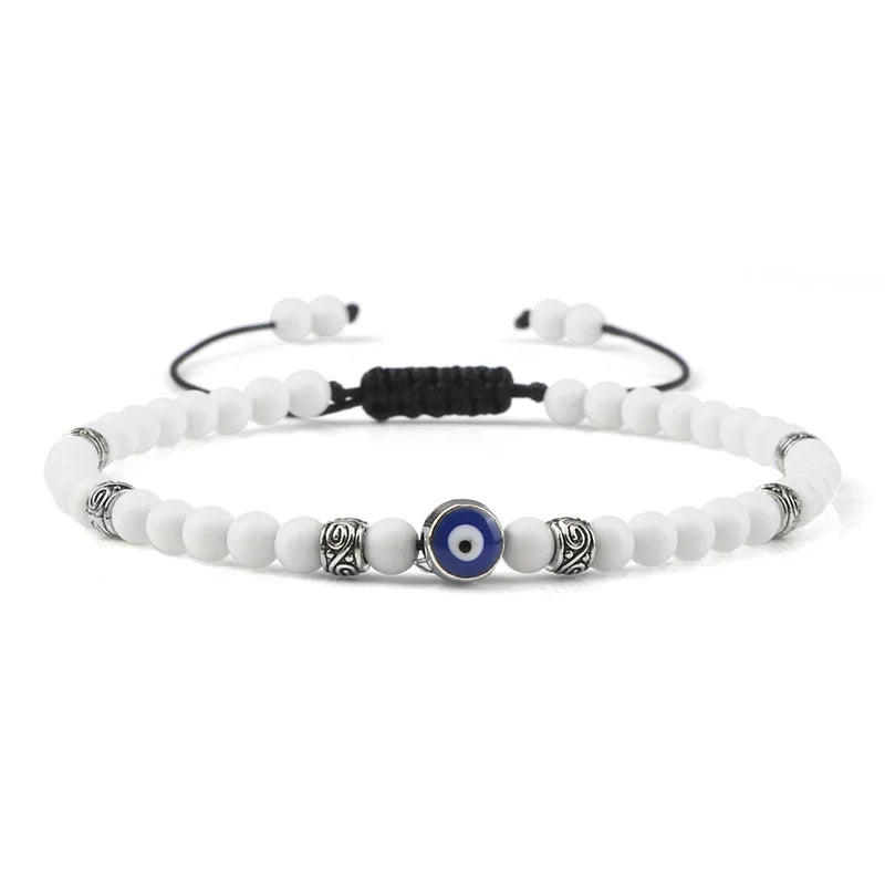 Bracelet Nazar Blanc Porcelaine argenté, perles fines et motif œil bleu | GoHappy France
