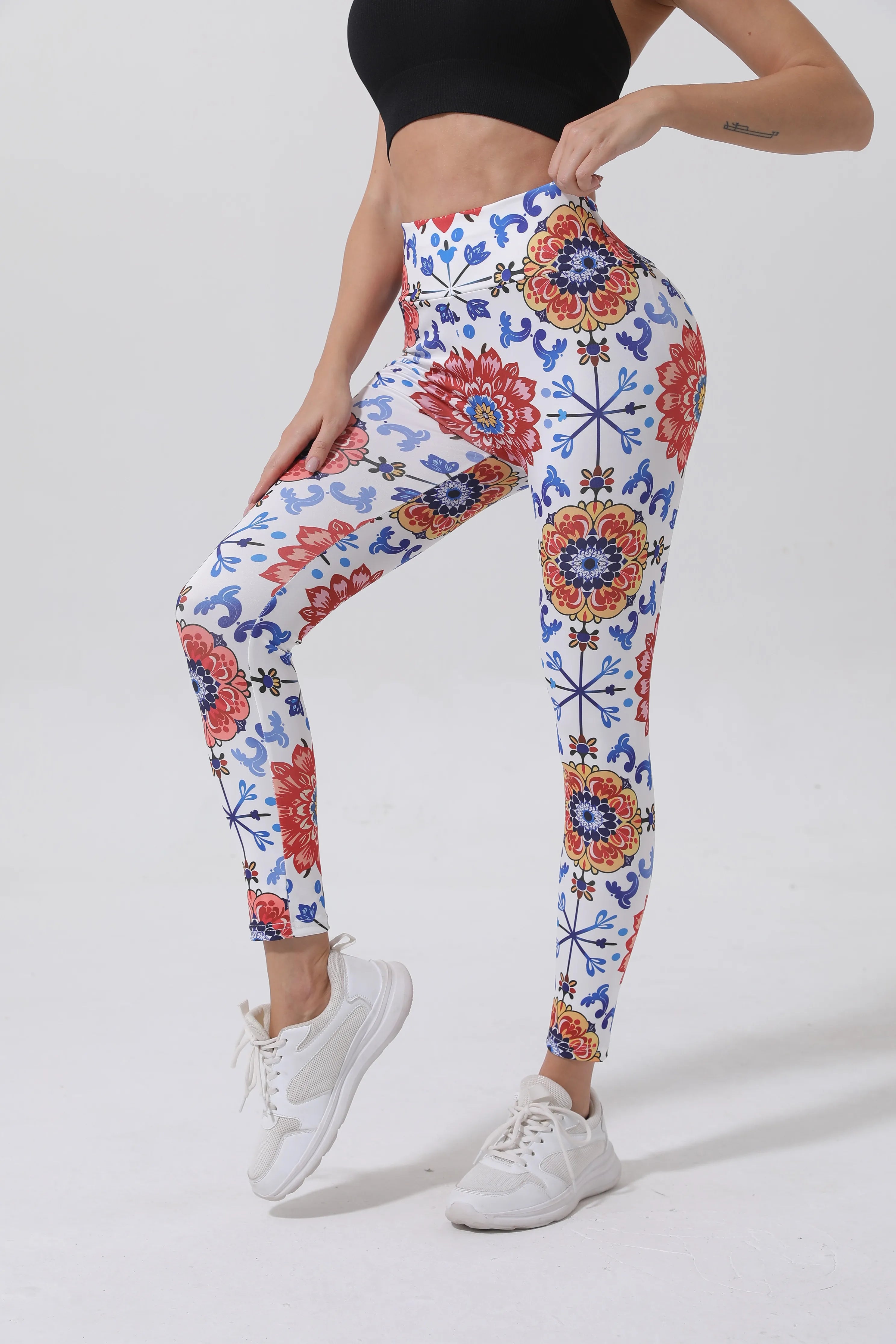 Legging lotus rouge corail – Sport femme, taille haute souple