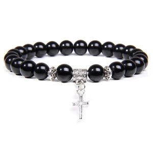 Bracelet Perles Croix Argent Pierre Naturelle Vertus Spirituel - Bracelets GoHappy