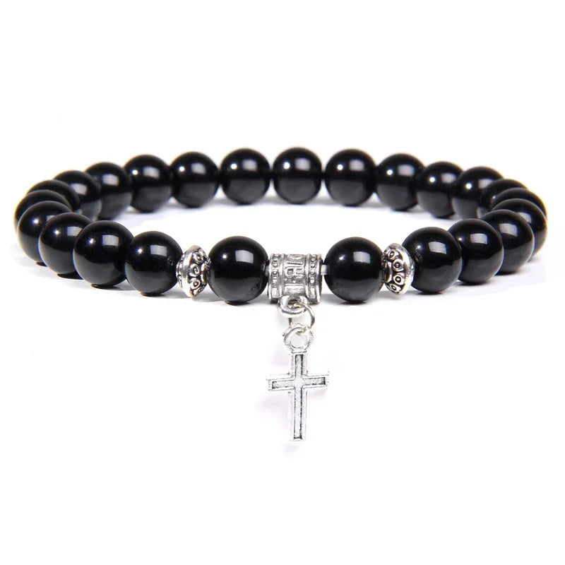 Bracelet Perles Croix Argent Pierre Naturelle Vertus Spirituel - Bracelets GoHappy
