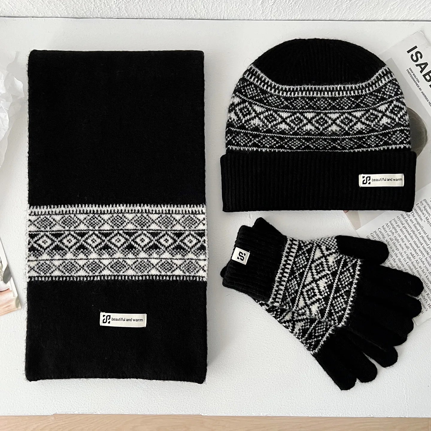 Ensemble Hiver Femme 3 Pièces Écharpe Bonnet Gants Laine Doux