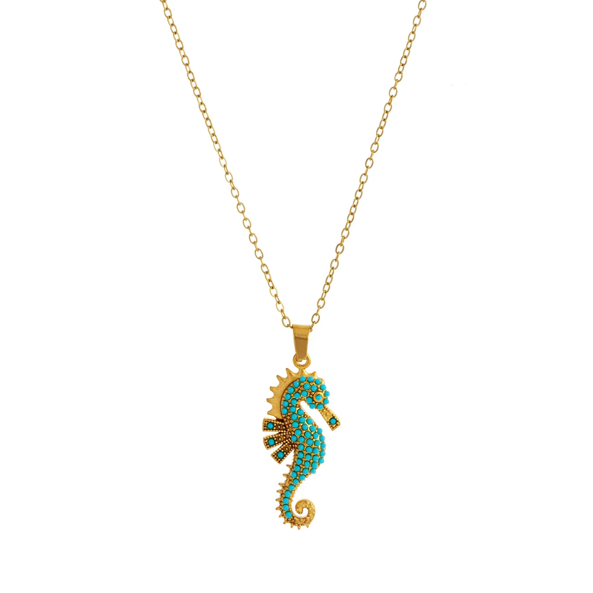 collier hippocampe doré turquoise bijou tendance été cadeau femme GoHappy.fr