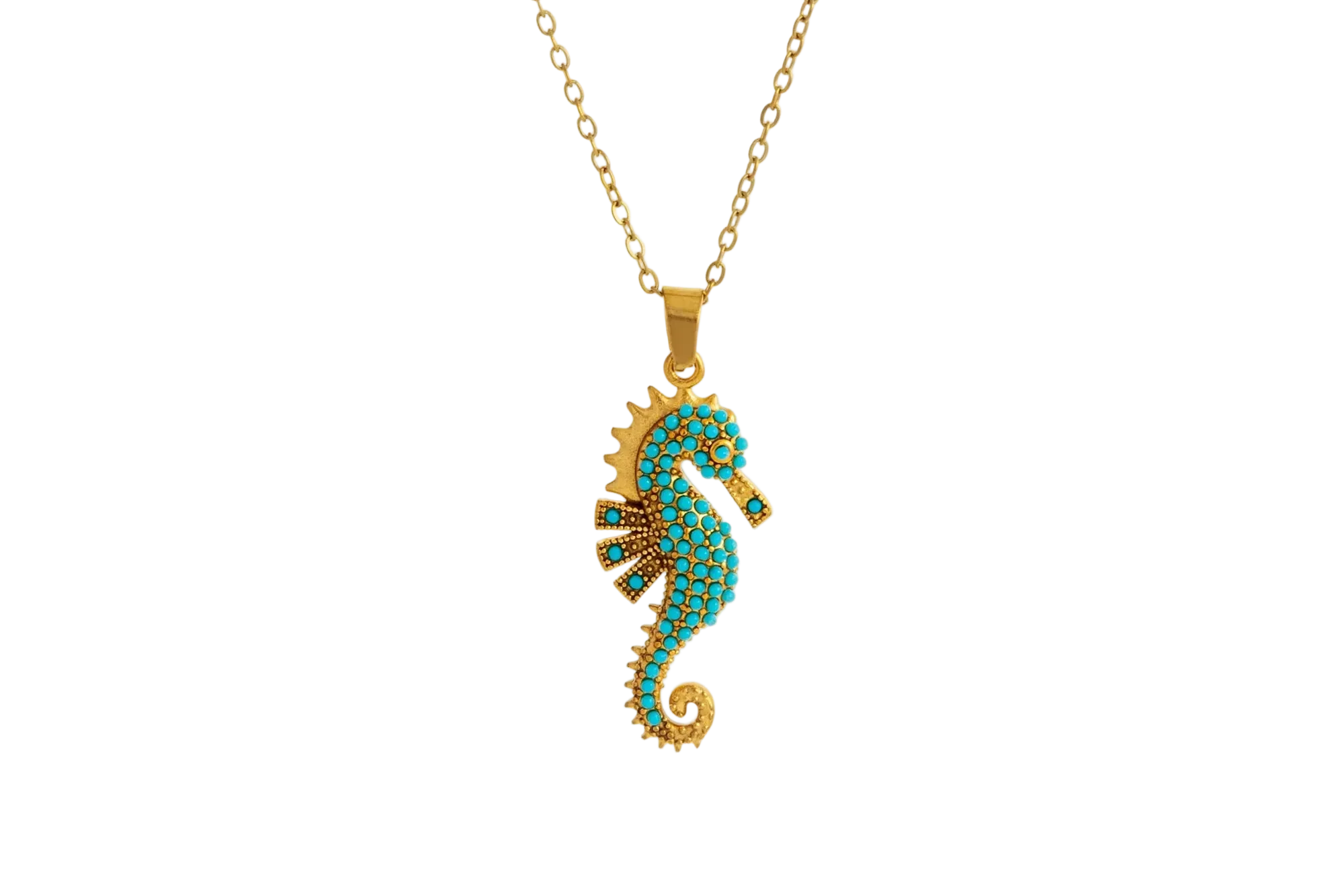 collier hippocampe doré turquoise pierres fines bijou tendance cadeau femme GoHappy.fr