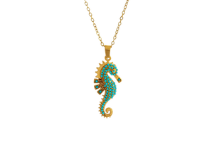 collier hippocampe doré turquoise pierres fines bijou tendance cadeau femme GoHappy.fr