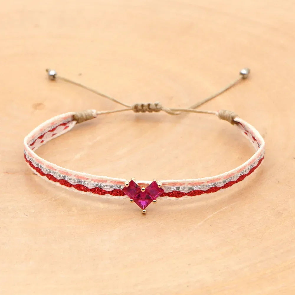 Bracelet Amitié Femme Coton Fin - Charm Cœur Strass Ajustable - bracelets femme cordon GoHappy