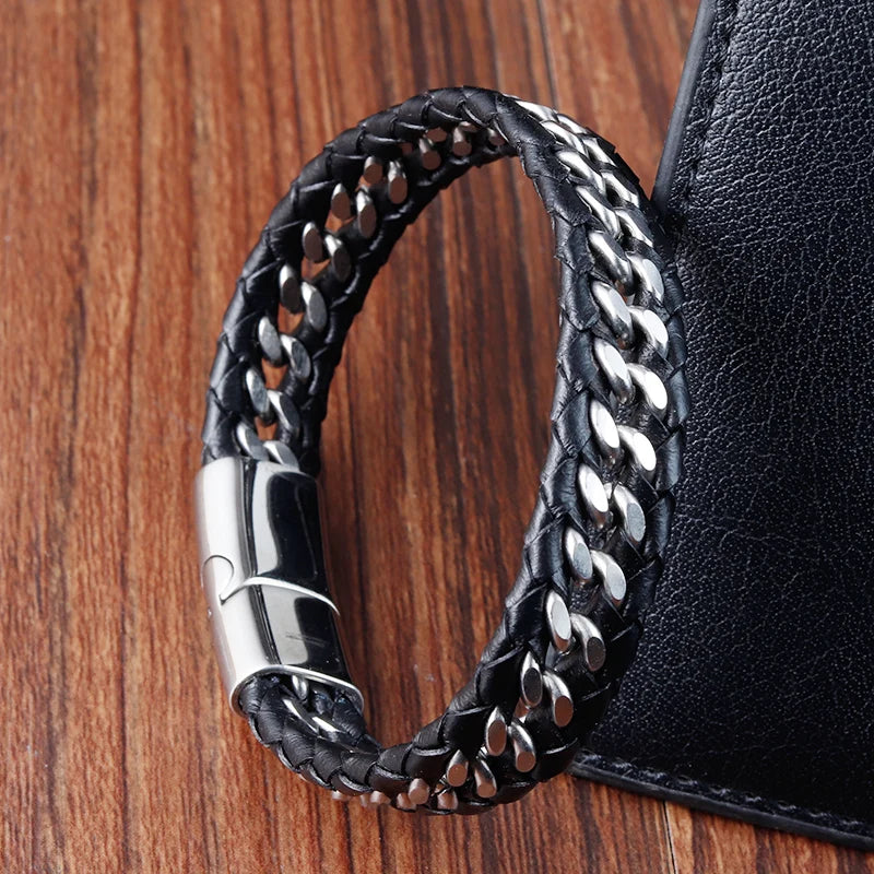 Iron Link bracelet cuir tressé acier inox