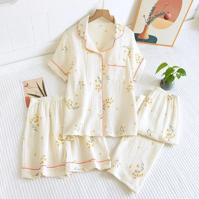 Ensemble Pyjama Femme Coton Crêpe Fleuri 2-3 Pièces Manches Courtes - pyjama femme GoHappy