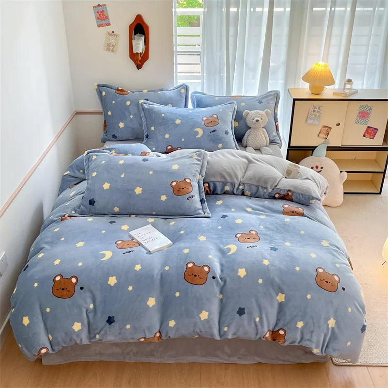 Housse Couette Velours Enfant Motifs Cartoon Douce Chaude 150-220cm