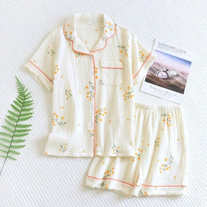 Ensemble Pyjama Femme Coton Crêpe Fleuri 2-3 Pièces Manches Courtes - pyjama femme GoHappy
