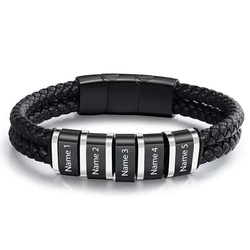Bracelets Cuir Acier Personnalisé Gravure Prénoms Famille