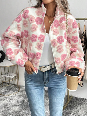 Bloom Days veste femme fleurie Rose Pivoine rose sur fond écru polyester zip col montant manches longues GoHappy France