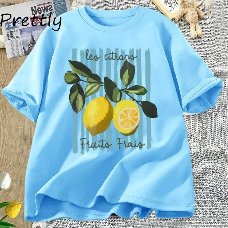 tshirt bleu imprimé citrons frais coton décontracté été femme GoHappy.fr