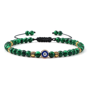 Bracelet Nazar Vert Forêt doré, perles fines et motif œil bleu | GoHappy France