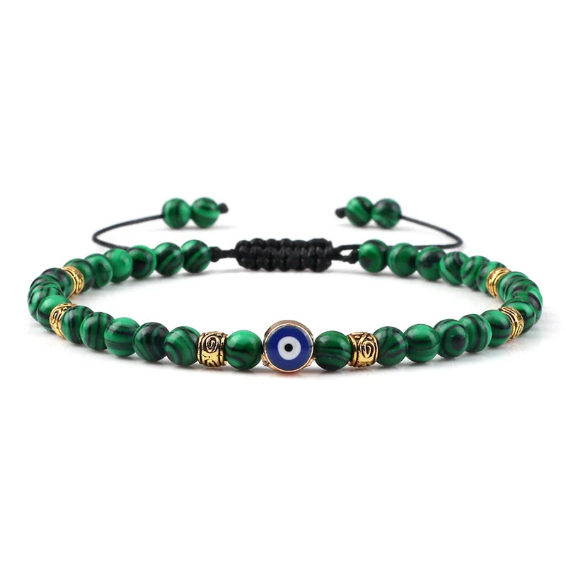 Bracelet Nazar Vert Forêt doré, perles fines et motif œil bleu | GoHappy France