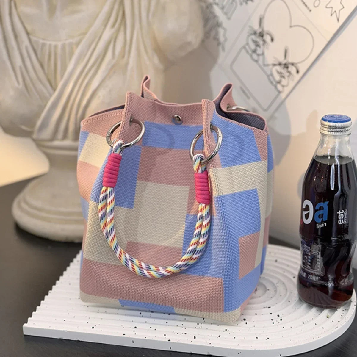 Sac Main Seau Tricoté Multicolore Rétro Coton Bohème Artisanal - sacs à main GoHappy