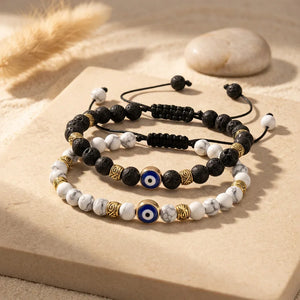 bracelet perles lave œil protecteur bleu et blanc bijou bohème GoHappy.fr