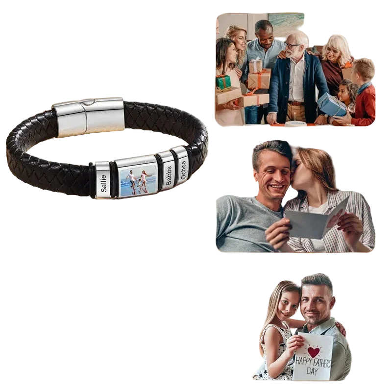 Bracelet en Cuir Homme Personnalisé Photo Famille Prénoms Gravés - bracelet prénoms homme GoHappy