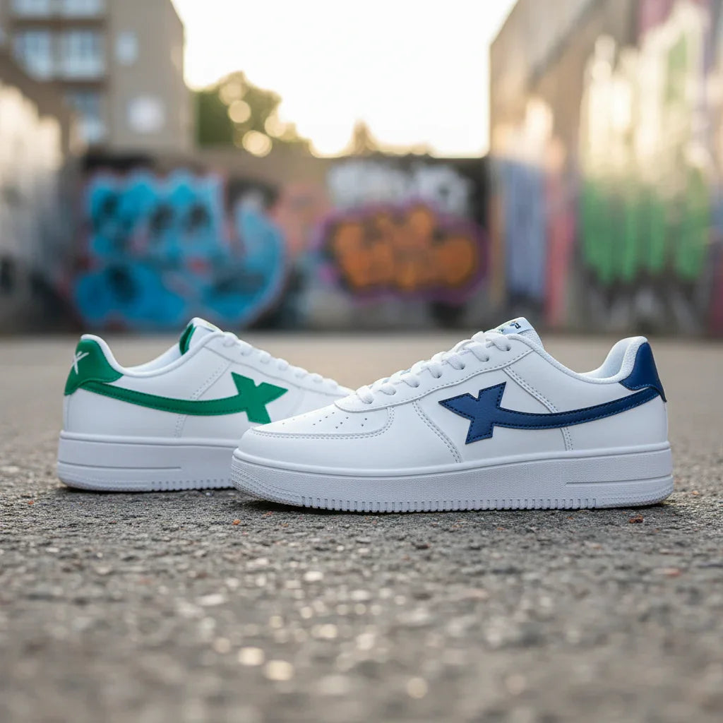 baskets homme Brooklyn Drift blanches détail vert et bleu sneakers tendance GoHappy France