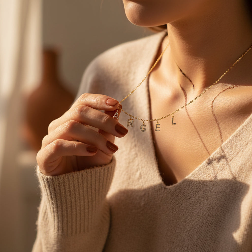 Collier Lettres Personnalisé Acier Doré Strass 1-9 Prénoms