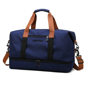 GoHappy France, sac de voyage extensible Escapade Libre Bleu Minuit, bleu marine, tissu Oxford, poignées cognac et bandoulière