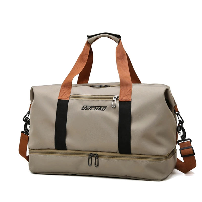 GoHappy France, sac de voyage extensible Escapade Libre Sable Doux, beige sable, tissu Oxford, poignées cognac et bandoulière