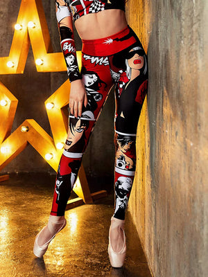 GoHappy France, legging femme Kiss Mood Rouge Pop en polyester et élasthanne, taille haute, imprimé portraits et lèvres rouges, vue de face portée