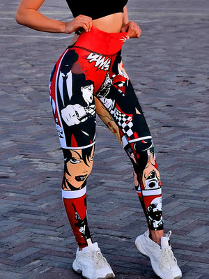 GoHappy France, Kiss Mood legging femme Rouge Pop, taille haute rouge, portraits illustrés noirs et blancs, vue avant avec baskets
