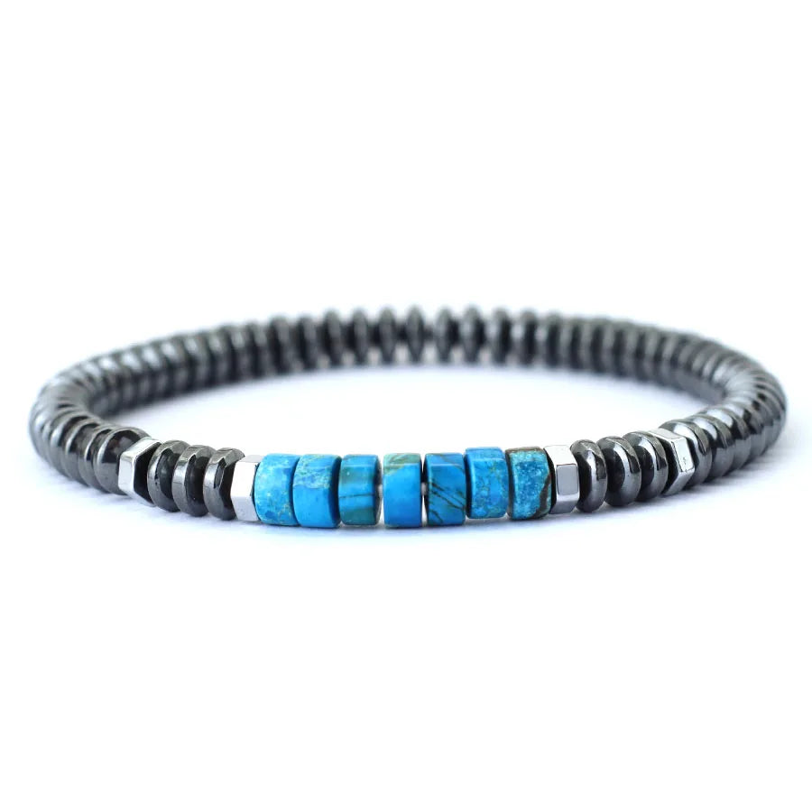 GoHappy France, bracelet unisexe Mineral Pulse Bleu Lagon, perles d’hématite anthracite, centre en pierre colorée, vue de face