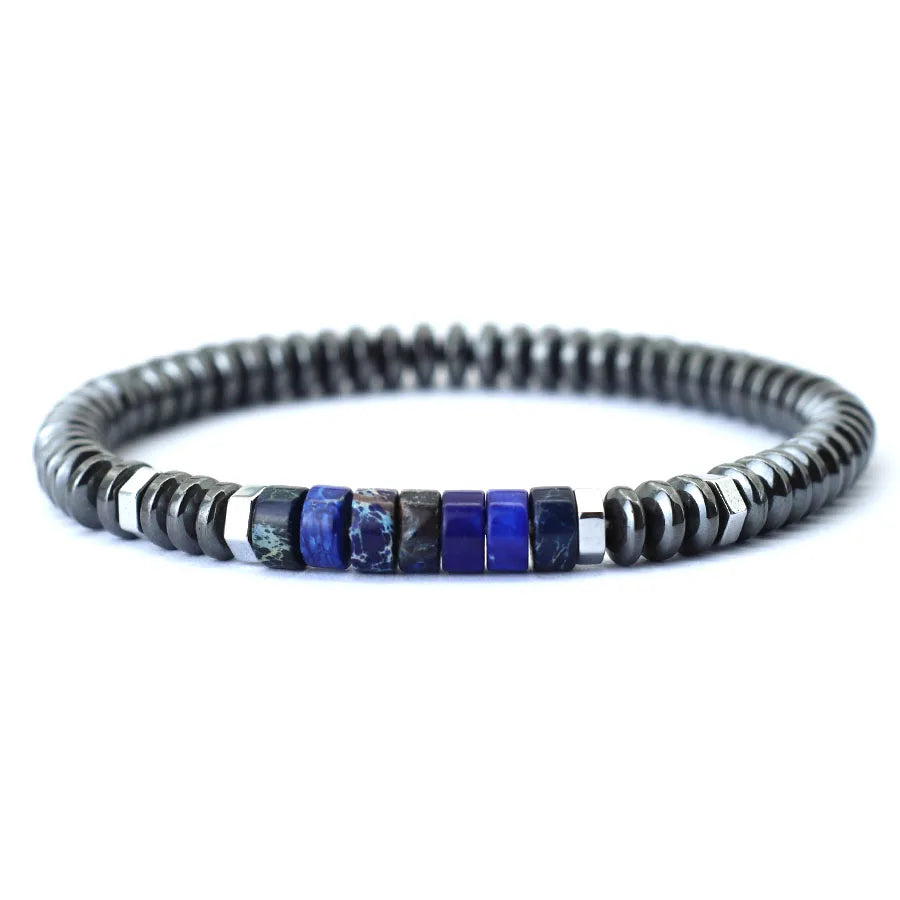 GoHappy France, bracelet unisexe Mineral Pulse Bleu Nuit, perles d’hématite anthracite, centre en pierre colorée, vue de face