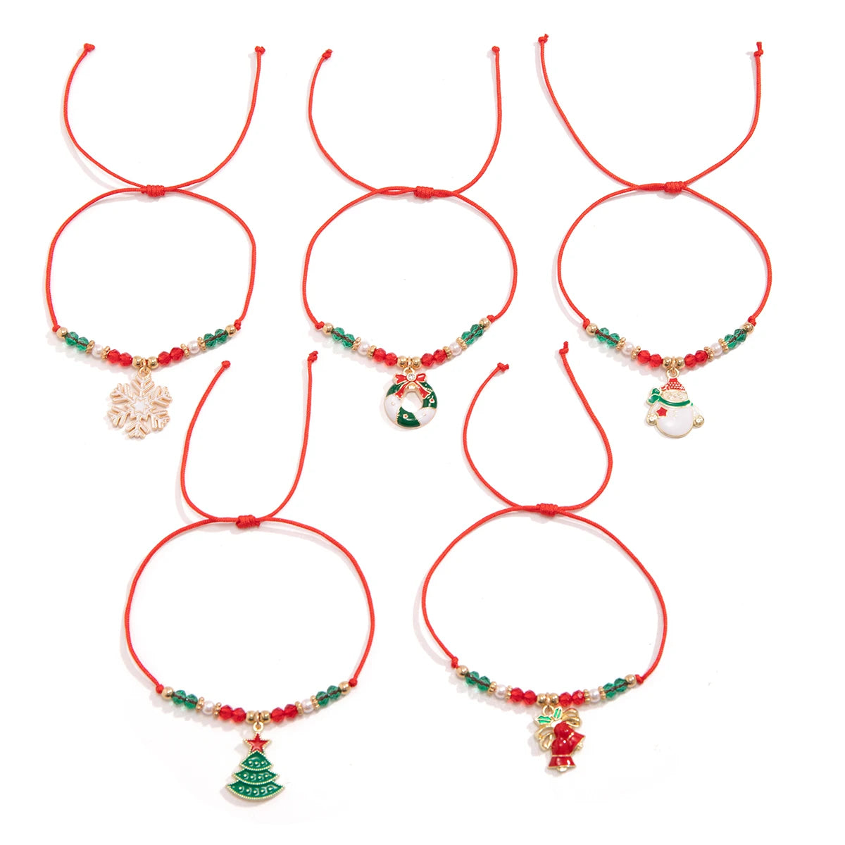 Cinq bracelets de Noël à cordons réglables présentés à plat