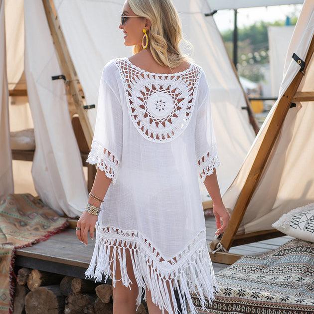 Robe de Plage blanche Crochet et Pompons Confort Style BohoChic