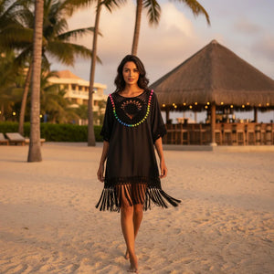 Robe de Plage blanche Crochet et Pompons - Dresses GoHappy