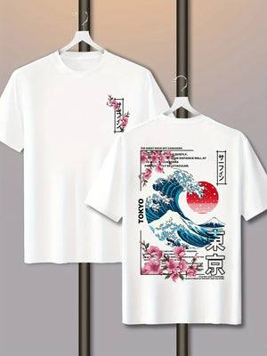 GoHappy France, tee shirt homme Sunset Tide Blanc Écume, coton, col rond, manches courtes, petit motif poitrine et grande vague bleue au dos, soleil rouge et fleurs roses
