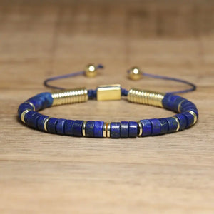 GoHappy France, bracelet ajustable Terra Libre Bleu Horizon · Doré, perles minérales sur cordon noué, vue de face