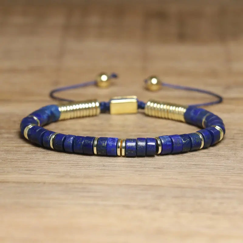 GoHappy France, bracelet ajustable Terra Libre Bleu Horizon · Doré, perles minérales sur cordon noué, vue de face