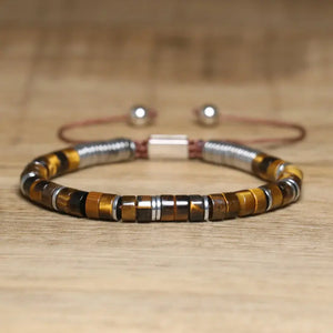 GoHappy France, bracelet ajustable Terra Libre Miel Tigré · Argenté, perles minérales sur cordon noué, vue de face