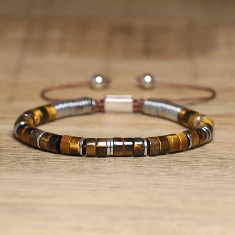GoHappy France, bracelet ajustable Terra Libre Miel Tigré · Argenté, perles minérales sur cordon noué, vue de face